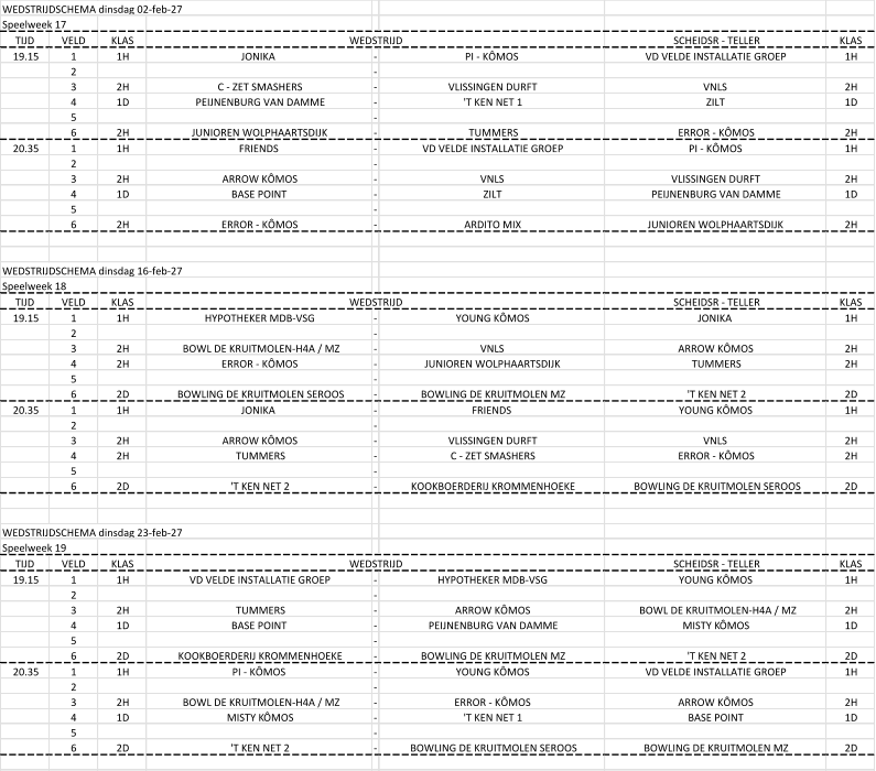 WEDSTRIJDSCHEMA dinsdag 02-feb-27 Speelweek 17 TIJD VELD KLAS SCHEIDSR - TELLER KLAS 19.15 1 1H JONIKA - PI - KÔMOS VD VELDE INSTALLATIE GROEP 1H 2 - 3 2H C - ZET SMASHERS - VLISSINGEN DURFT VNLS 2H 4 1D PEIJNENBURG VAN DAMME - 'T KEN NET 1 ZILT 1D 5 - 6 2H JUNIOREN WOLPHAARTSDIJK - TUMMERS ERROR - KÔMOS 2H 20.35 1 1H FRIENDS - VD VELDE INSTALLATIE GROEP PI - KÔMOS 1H 2 - 3 2H ARROW KÔMOS - VNLS VLISSINGEN DURFT 2H 4 1D BASE POINT - ZILT PEIJNENBURG VAN DAMME 1D 5 - 6 2H ERROR - KÔMOS - ARDITO MIX JUNIOREN WOLPHAARTSDIJK 2H WEDSTRIJDSCHEMA dinsdag 16-feb-27 Speelweek 18 TIJD VELD KLAS SCHEIDSR - TELLER KLAS 19.15 1 1H HYPOTHEKER MDB-VSG - YOUNG KÔMOS JONIKA 1H 2 - 3 2H BOWL DE KRUITMOLEN-H4A / MZ - VNLS ARROW KÔMOS 2H 4 2H ERROR - KÔMOS - JUNIOREN WOLPHAARTSDIJK TUMMERS 2H 5 - 6 2D BOWLING DE KRUITMOLEN SEROOS - BOWLING DE KRUITMOLEN MZ  'T KEN NET 2 2D 20.35 1 1H JONIKA - FRIENDS YOUNG KÔMOS 1H 2 - 3 2H ARROW KÔMOS - VLISSINGEN DURFT VNLS 2H 4 2H TUMMERS - C - ZET SMASHERS ERROR - KÔMOS 2H 5 - 6 2D 'T KEN NET 2 - KOOKBOERDERIJ KROMMENHOEKE BOWLING DE KRUITMOLEN SEROOS 2D WEDSTRIJDSCHEMA dinsdag 23-feb-27 Speelweek 19 TIJD VELD KLAS SCHEIDSR - TELLER KLAS 19.15 1 1H VD VELDE INSTALLATIE GROEP - HYPOTHEKER MDB-VSG YOUNG KÔMOS 1H 2 - 3 2H TUMMERS - ARROW KÔMOS BOWL DE KRUITMOLEN-H4A / MZ 2H 4 1D BASE POINT - PEIJNENBURG VAN DAMME MISTY KÔMOS	 1D 5 - 6 2D KOOKBOERDERIJ KROMMENHOEKE - BOWLING DE KRUITMOLEN MZ  'T KEN NET 2 2D 20.35 1 1H PI - KÔMOS - YOUNG KÔMOS VD VELDE INSTALLATIE GROEP 1H 2 - 3 2H BOWL DE KRUITMOLEN-H4A / MZ - ERROR - KÔMOS ARROW KÔMOS 2H 4 1D MISTY KÔMOS	 - 'T KEN NET 1 BASE POINT 1D 5 - 6 2D 'T KEN NET 2 - BOWLING DE KRUITMOLEN SEROOS BOWLING DE KRUITMOLEN MZ  2D WEDSTRIJD WEDSTRIJD WEDSTRIJD